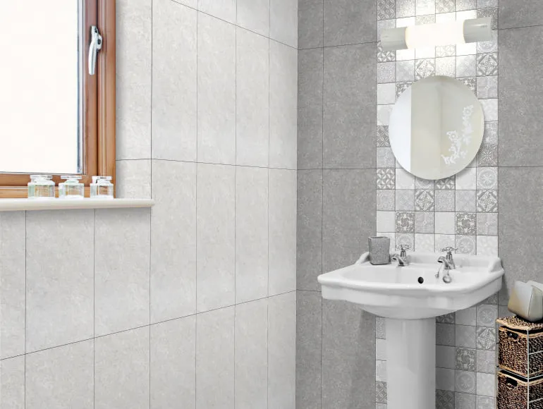 small-bathroom design with grey tiles 